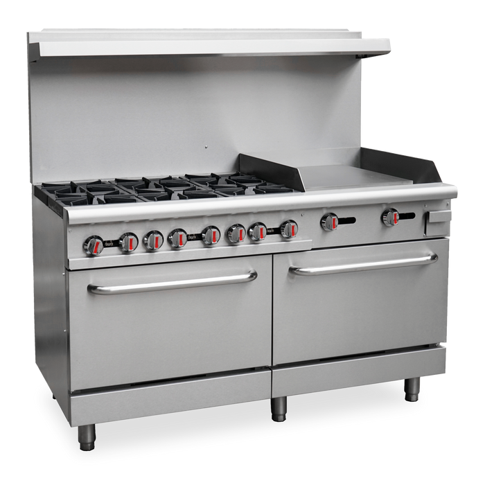 Omcan 60″ Commercial Gas Range with 6 Burners, 24″ Griddle, 2 Ovens, 282,000 BTU, Stainless Steel, Natural Gas