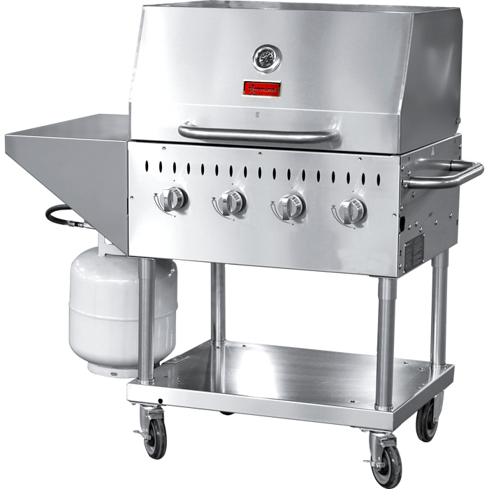 Omcan Outdoor BBQ Grill - 4 Burner Stainless Steel Propane Grill, 64,000 BTU, Top and Side Shelf, Roll Dome