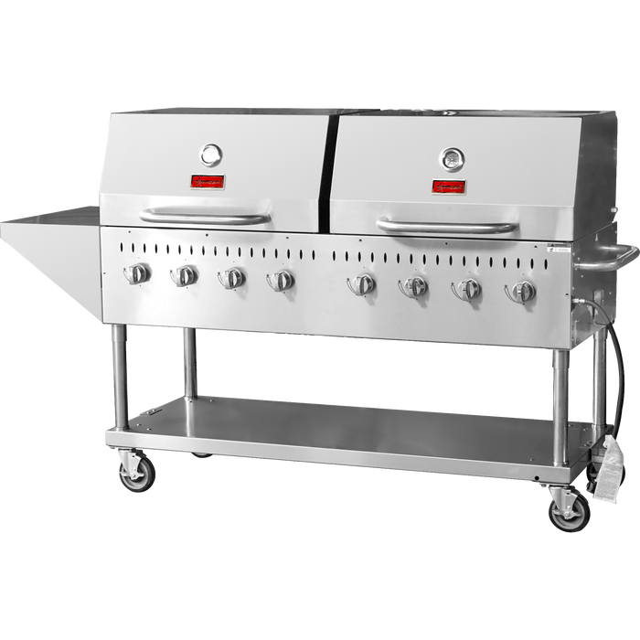 Omcan Stainless Steel Propane Outdoor BBQ Grill - 128000 BTU, 8 Burners, Top and Side Shelf, 2 Roll Domes