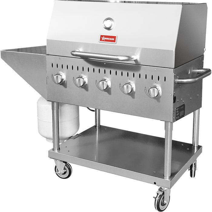 Omcan Outdoor BBQ Grill - 5 Burner Stainless Steel Propane Grill, 80,000 BTU, Top and Side Shelf, Roll Dome