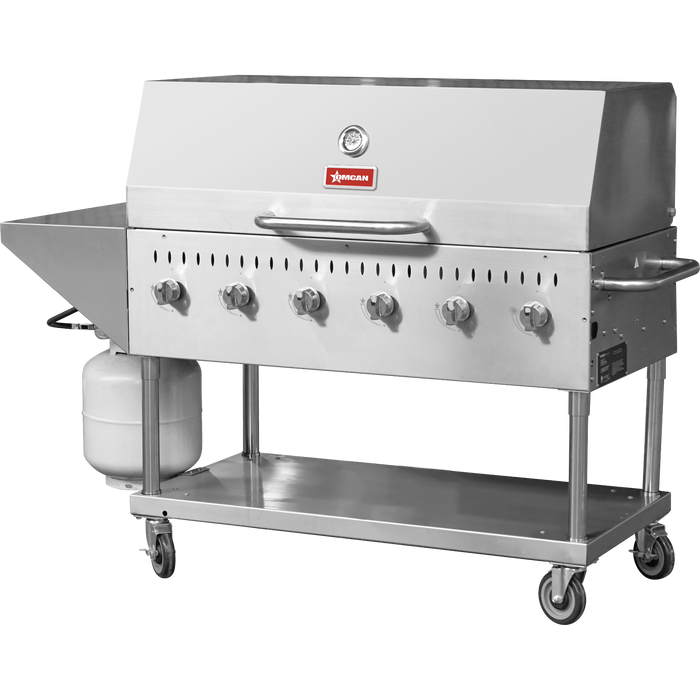 Omcan Stainless Steel Propane Outdoor BBQ Grill - 6 Burners, 96,000 BTU, Top and Side Shelf, Roll Dome